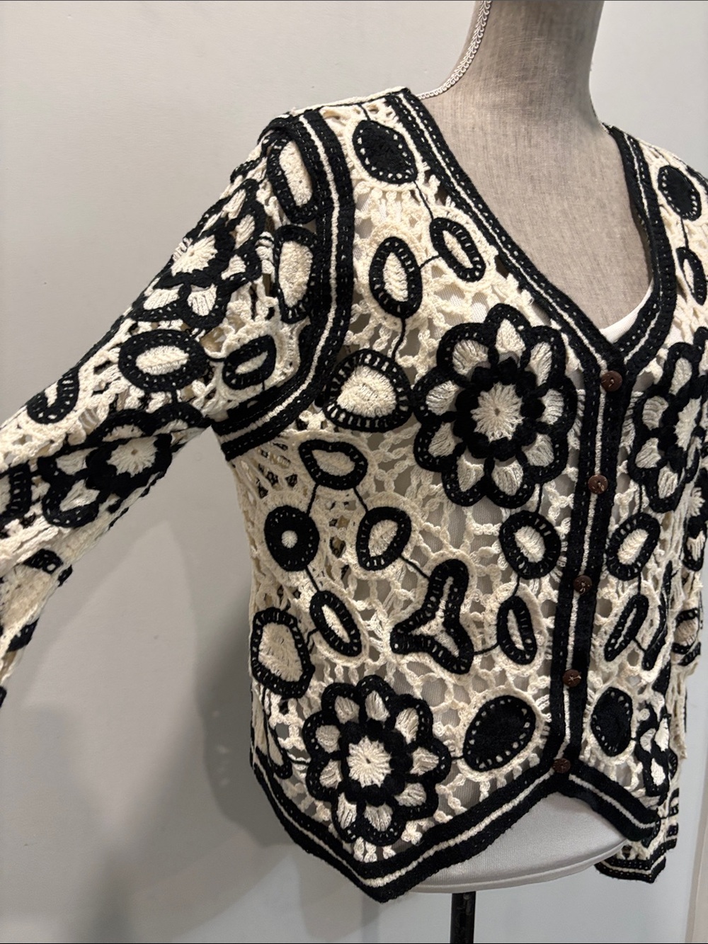 Crochet Cardigan Black Cream Floral Boho Festival S/M Sweater - Picture 6 of 14